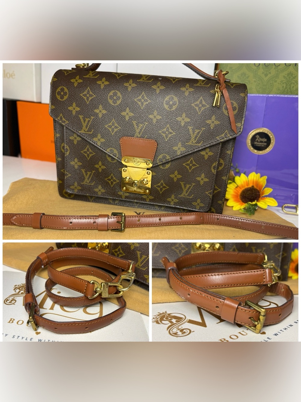 LOUIS VUITTON w/ COA Brown Monogram Medium Crossbody Satchel with Gold Hardware - Picture 14 of 17